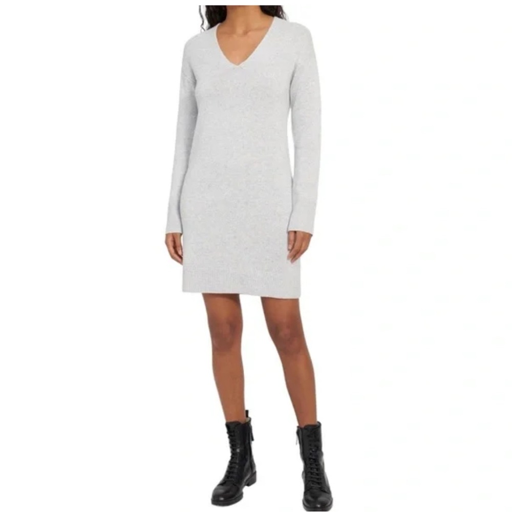 Theory V-Neck Sweater Dress in Soft Cashmere Small Gray